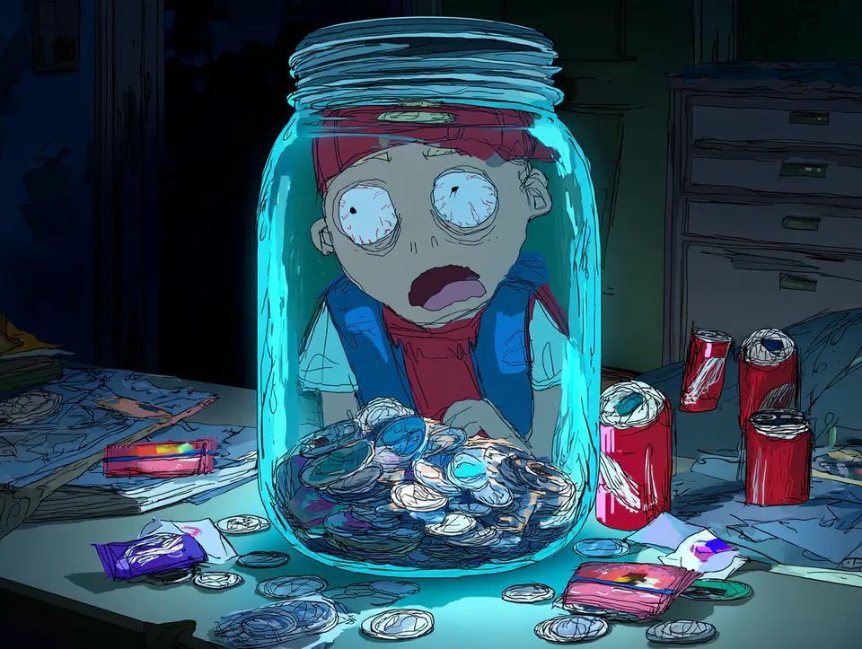 Ush pressed against the glass of a huge jar of coins on his desk, eyes magnified, red cans around him