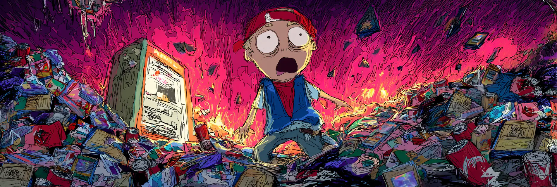 Ush Kutchum, a wide-eyed cartoon character in a red cap and blue vest with bloodshot eyes and a shocked open mouth, buried in torn trading card packs and energy drink cans